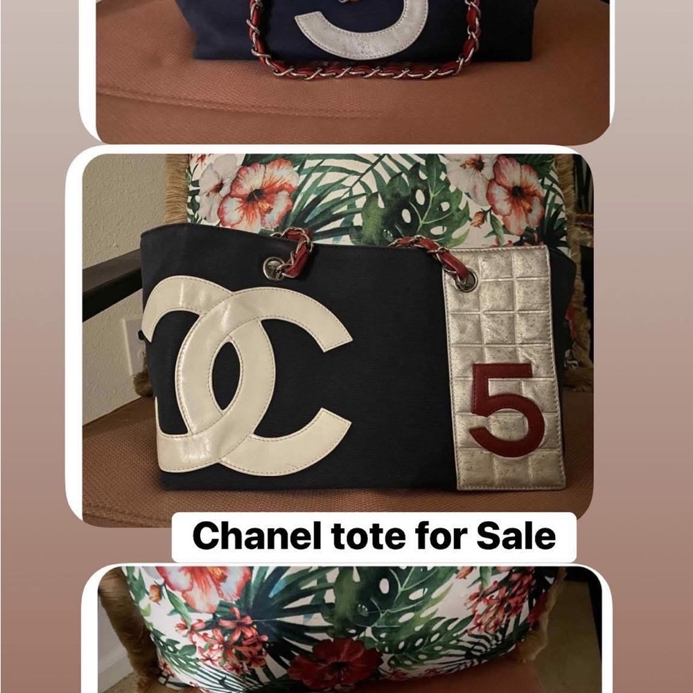 CHANEL Navy and Cream Tote with Red Accents